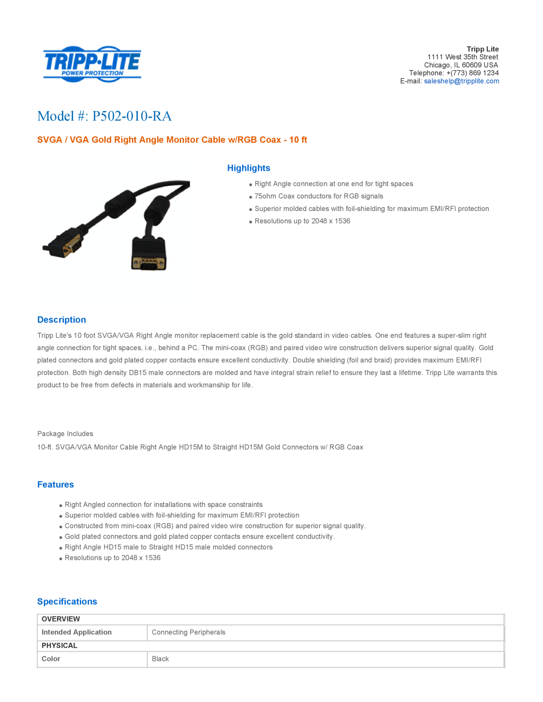 Tripp Lite P502-010-RA specifications Overview, Intended Application, Connecting Peripherals, Physical, Color, Black 