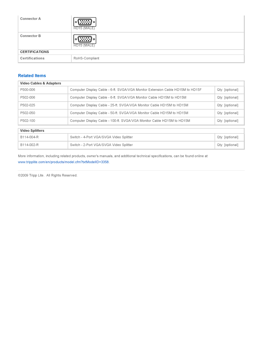Tripp Lite P502-015 specifications Related Items, Video Cables & Adapters, Video Splitters 