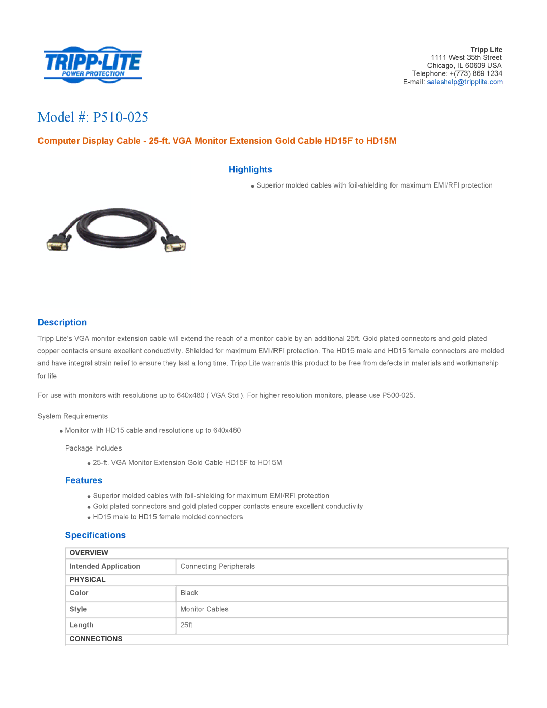 Tripp Lite P510-006 specifications Model # P510-025, Highlights, Description, Features, Specifications 