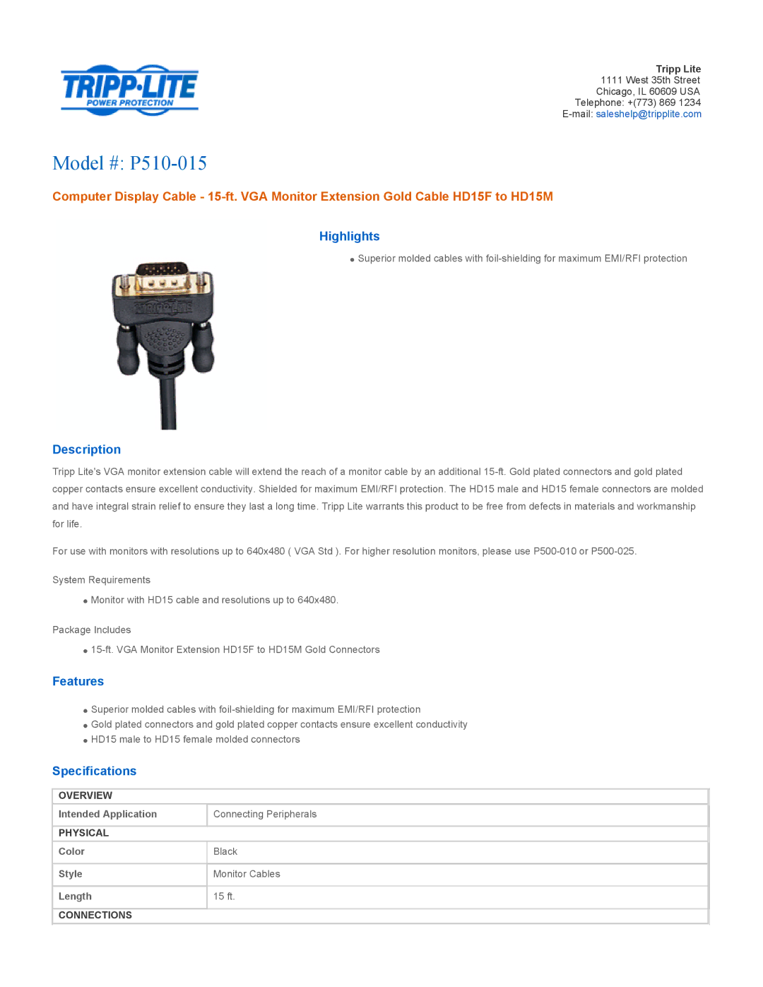 Tripp Lite P512-006, P512-010 specifications Model # P510-015, Highlights, Description, Features, Specifications 