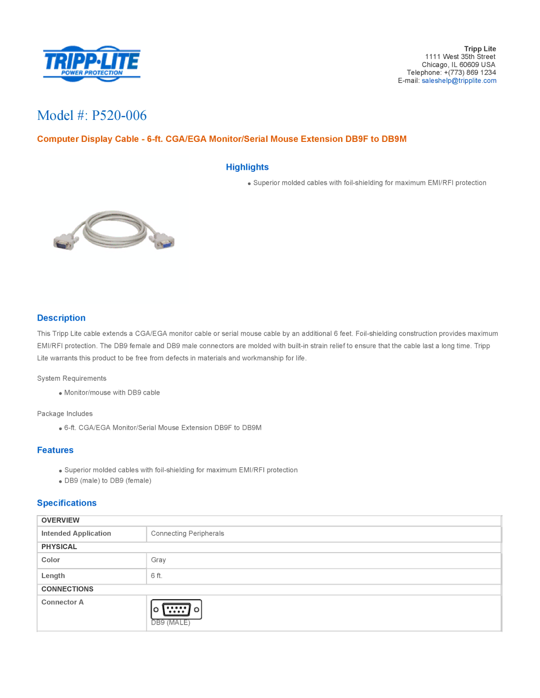 Tripp Lite p520-006 specifications Model # P520-006, Highlights, Description, Features, Specifications 