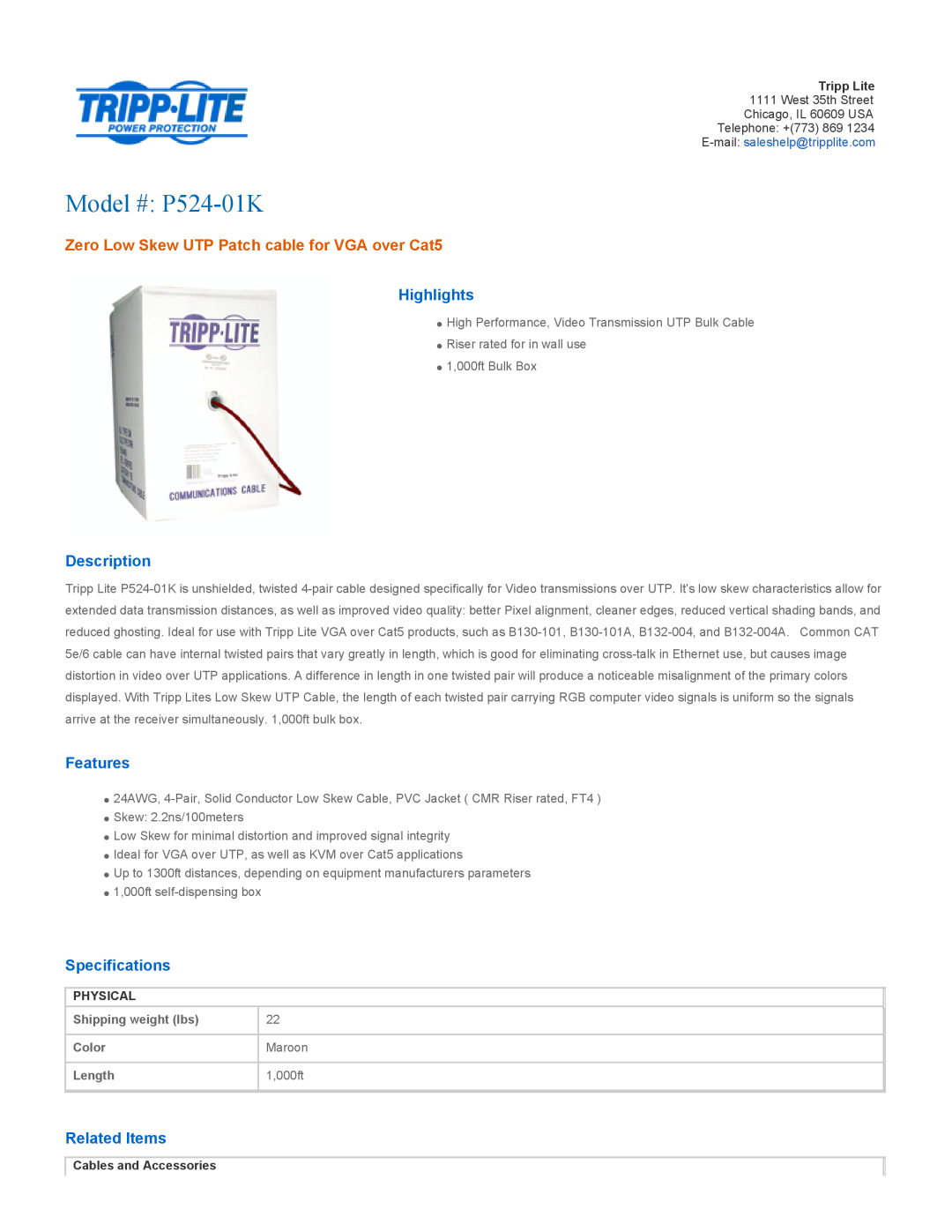 Tripp Lite specifications Model # P524-01K, Zero Low Skew UTP Patch cable for VGA over Cat5, Highlights, Description 