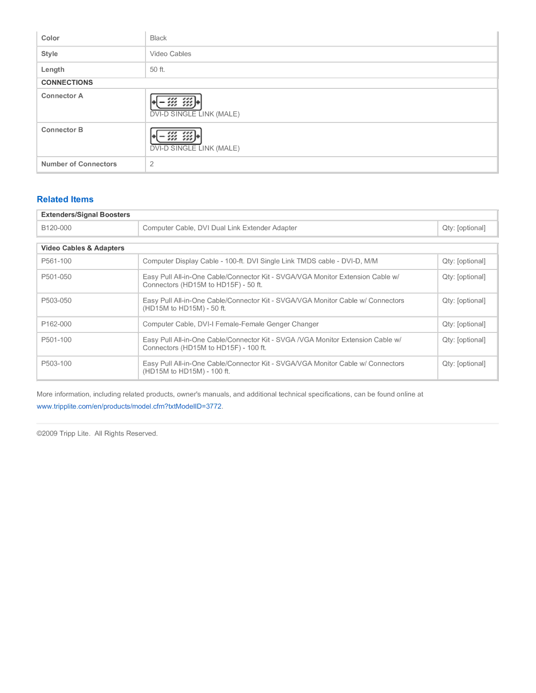 Tripp Lite P561-050-EZ specifications Related Items, Extenders/Signal Boosters, Video Cables & Adapters 