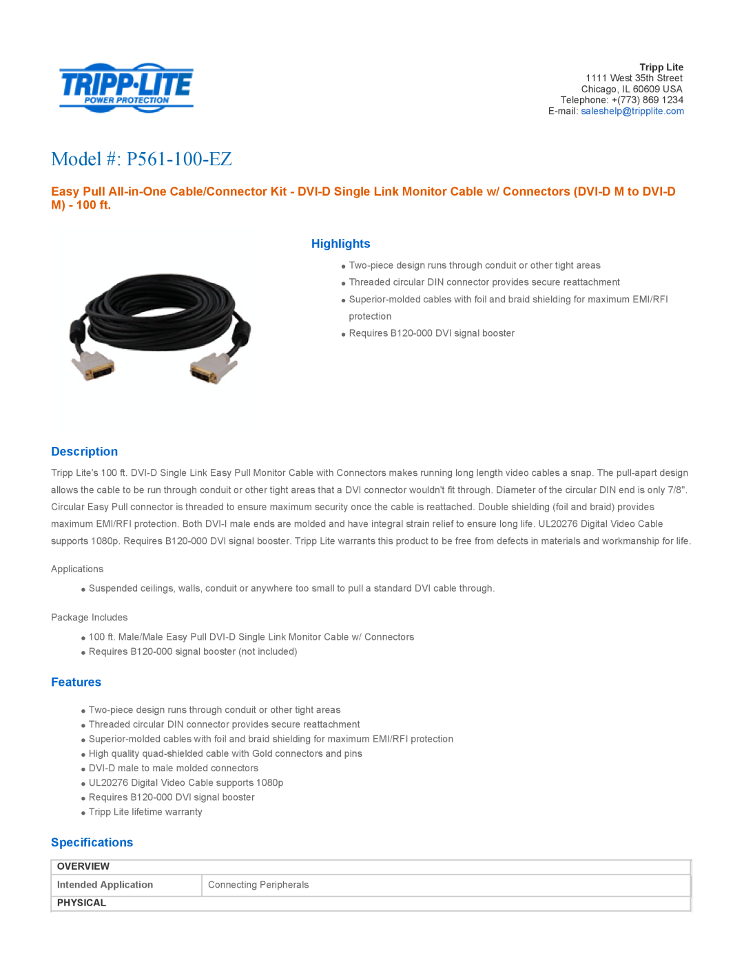 Tripp Lite P561-100-EZ specifications Highlights, Description, Features, Specifications, Overview, Intended Application 