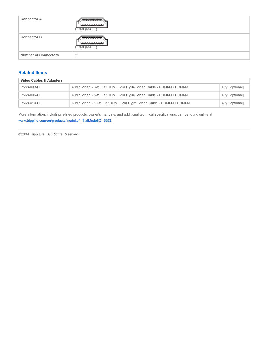 Tripp Lite P568-003-FL, P568-016-FL specifications Related Items, Video Cables & Adapters 