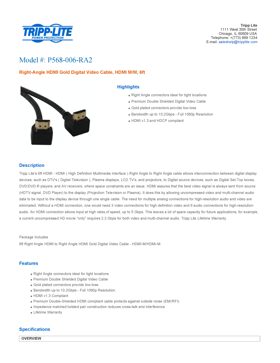 Tripp Lite specifications Overview, Model # P568-006-RA2, Right-Angle HDMI Gold Digital Video Cable, HDMI M/M, 6ft 