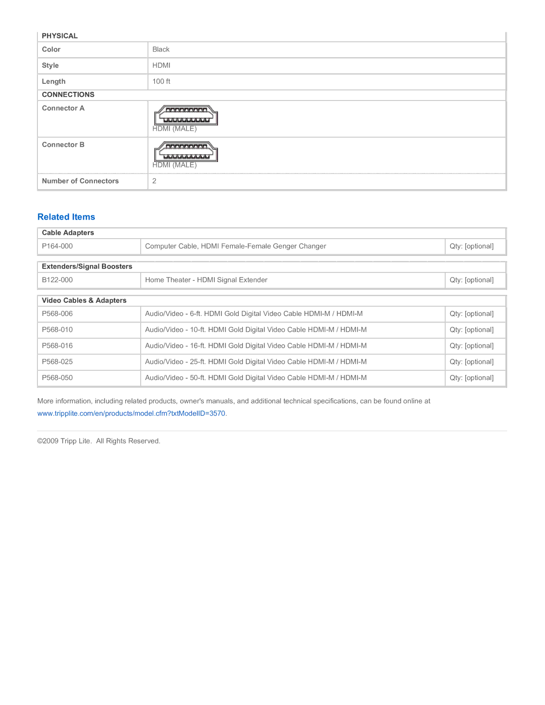 Tripp Lite P568-100 specifications Related Items, Cable Adapters, Extenders/Signal Boosters, Video Cables & Adapters 