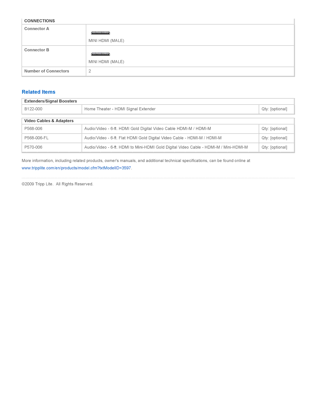 Tripp Lite P570-006, P568-006-FL specifications Related Items, Extenders/Signal Boosters, Video Cables & Adapters 