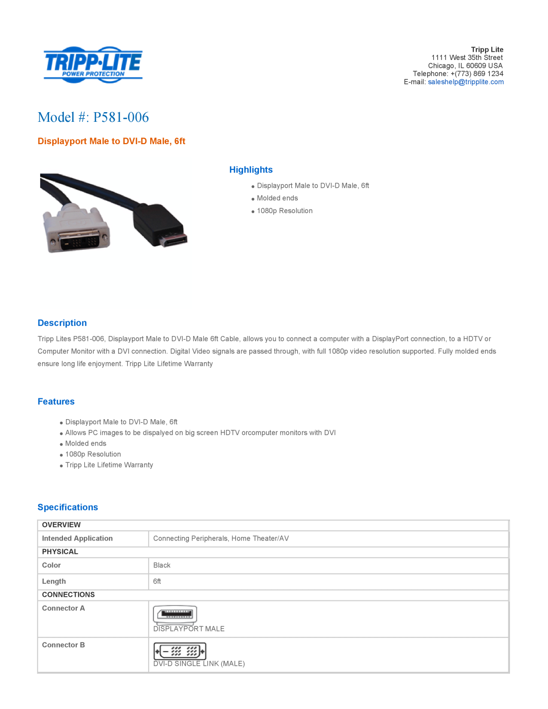 Tripp Lite specifications Model # P581-006, Displayport Male to DVI-D Male, 6ft, Highlights, Description, Features 