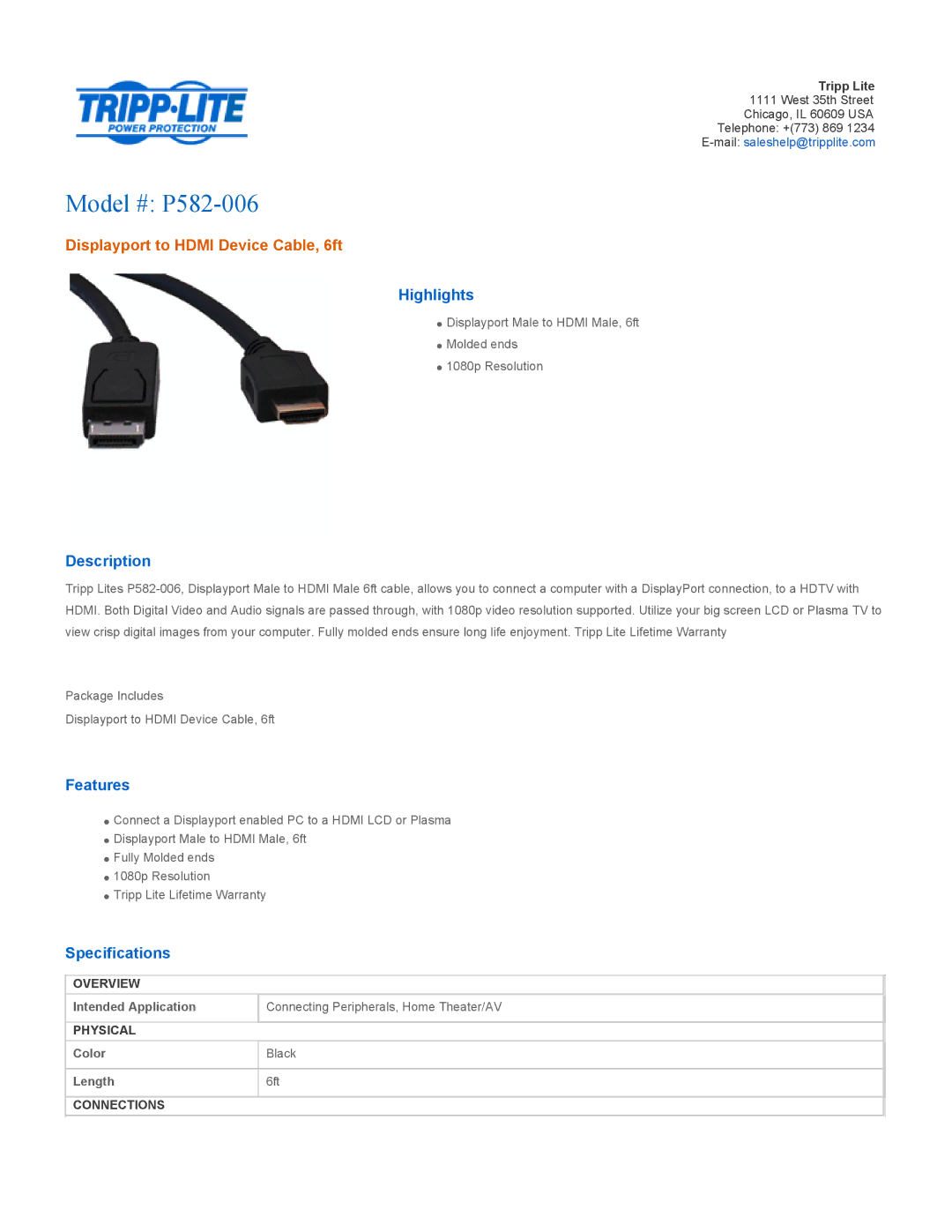 Tripp Lite specifications Model # P582-006, Displayport to Hdmi Device Cable, 6ft 