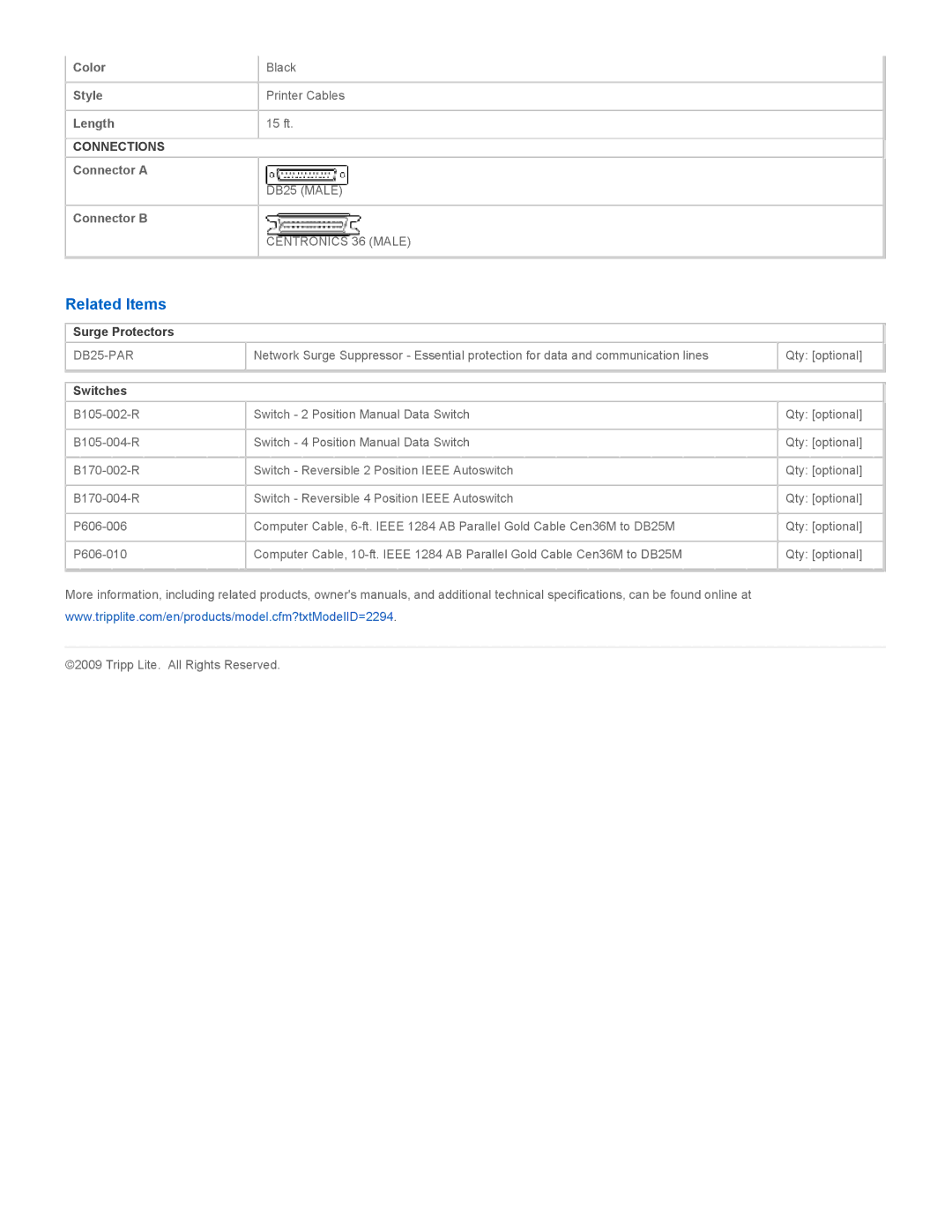 Tripp Lite p606-006, p606-015, P606-010 specifications Related Items, Surge Protectors, DB25-PAR, Switches 