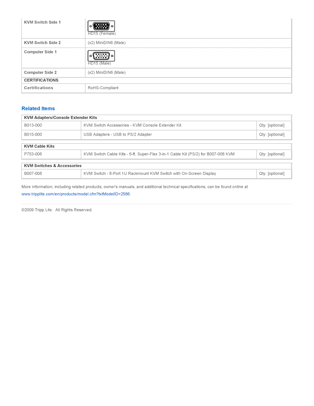 Tripp Lite P753-010 Related Items, KVM Adapters/Console Extender Kits, KVM Cable Kits, KVM Switches & Accessories 