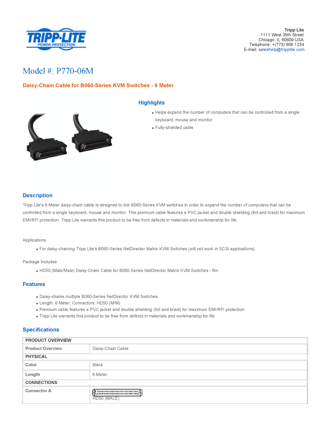 Tripp Lite specifications Model # P770-06M, Daisy-Chain Cable for B060-Series KVM Switches 6 Meter 