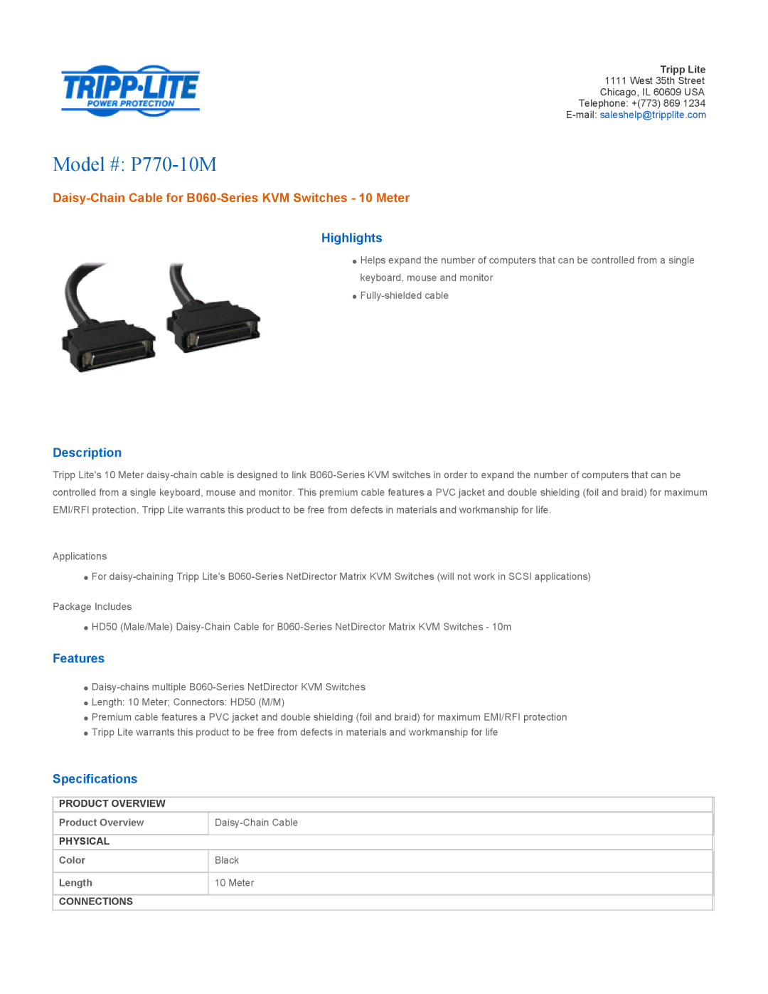 Tripp Lite specifications Model # P770-10M, Daisy-Chain Cable for B060-Series KVM Switches 10 Meter 