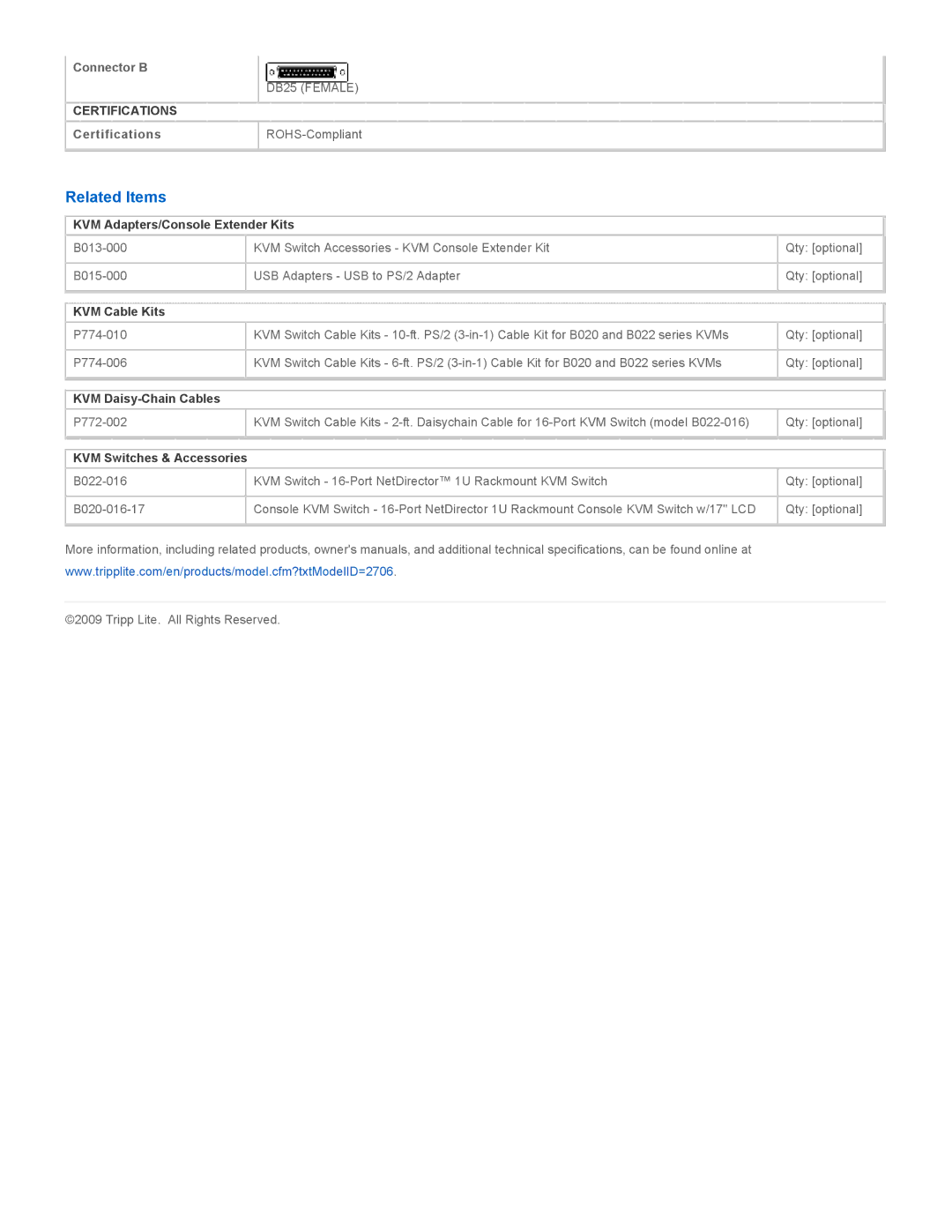 Tripp Lite P772-006 Related Items, KVM Adapters/Console Extender Kits, KVM Cable Kits, KVM Daisy-Chain Cables 