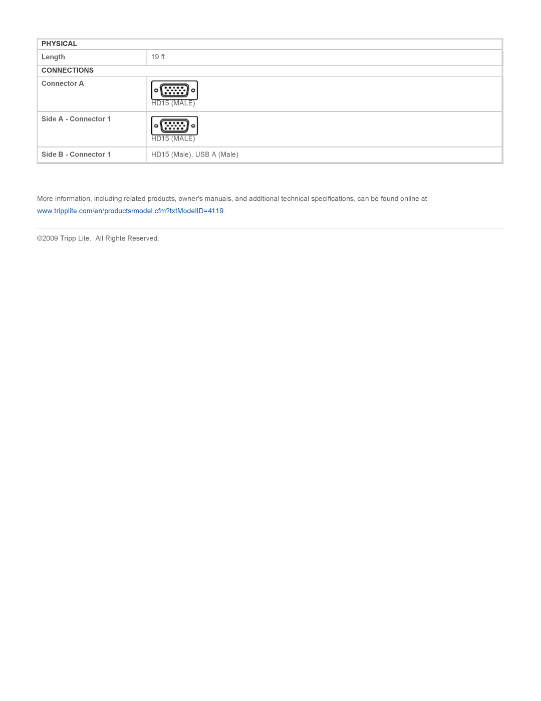 Tripp Lite P776-019 specifications Physical, Connections 