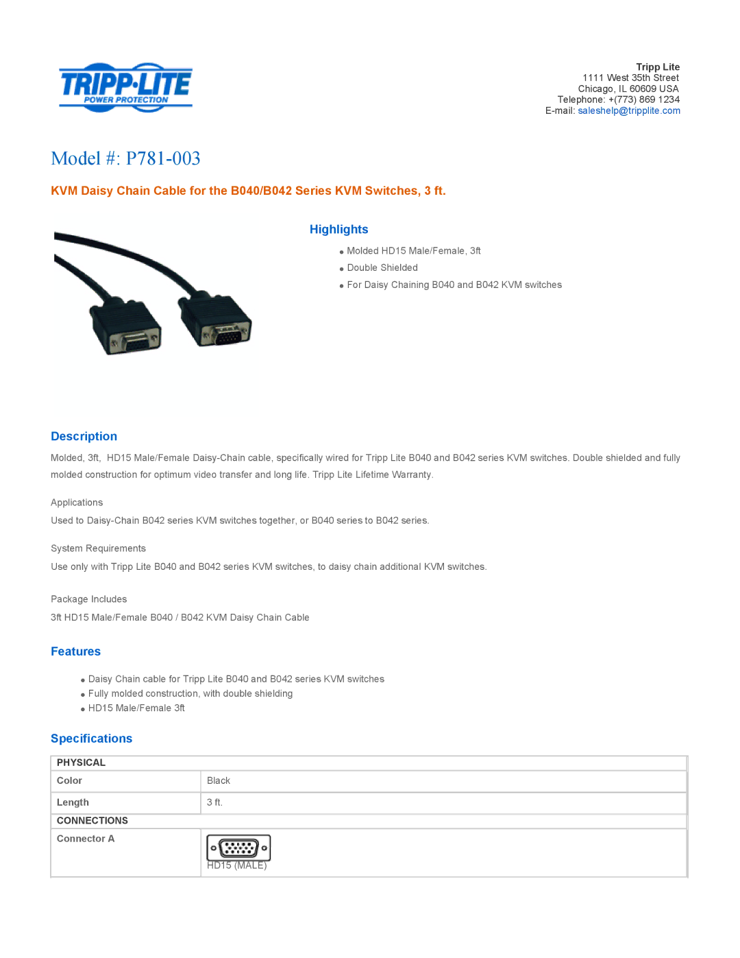 Tripp Lite specifications Model # P781-003, Highlights, Description, Features, Specifications 