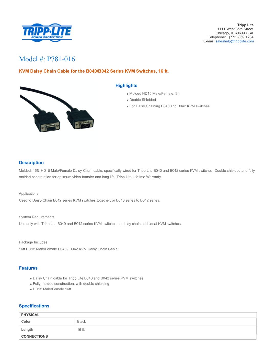 Tripp Lite specifications Model # P781-016, Highlights, Description, Features, Specifications 