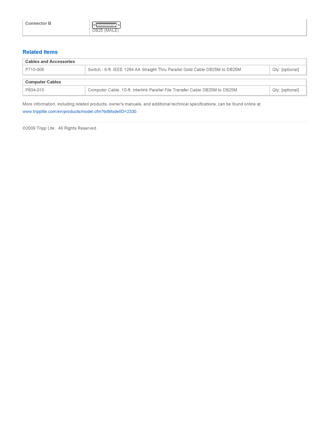 Tripp Lite P804-010-R specifications Related Items, Cables and Accessories, Computer Cables 