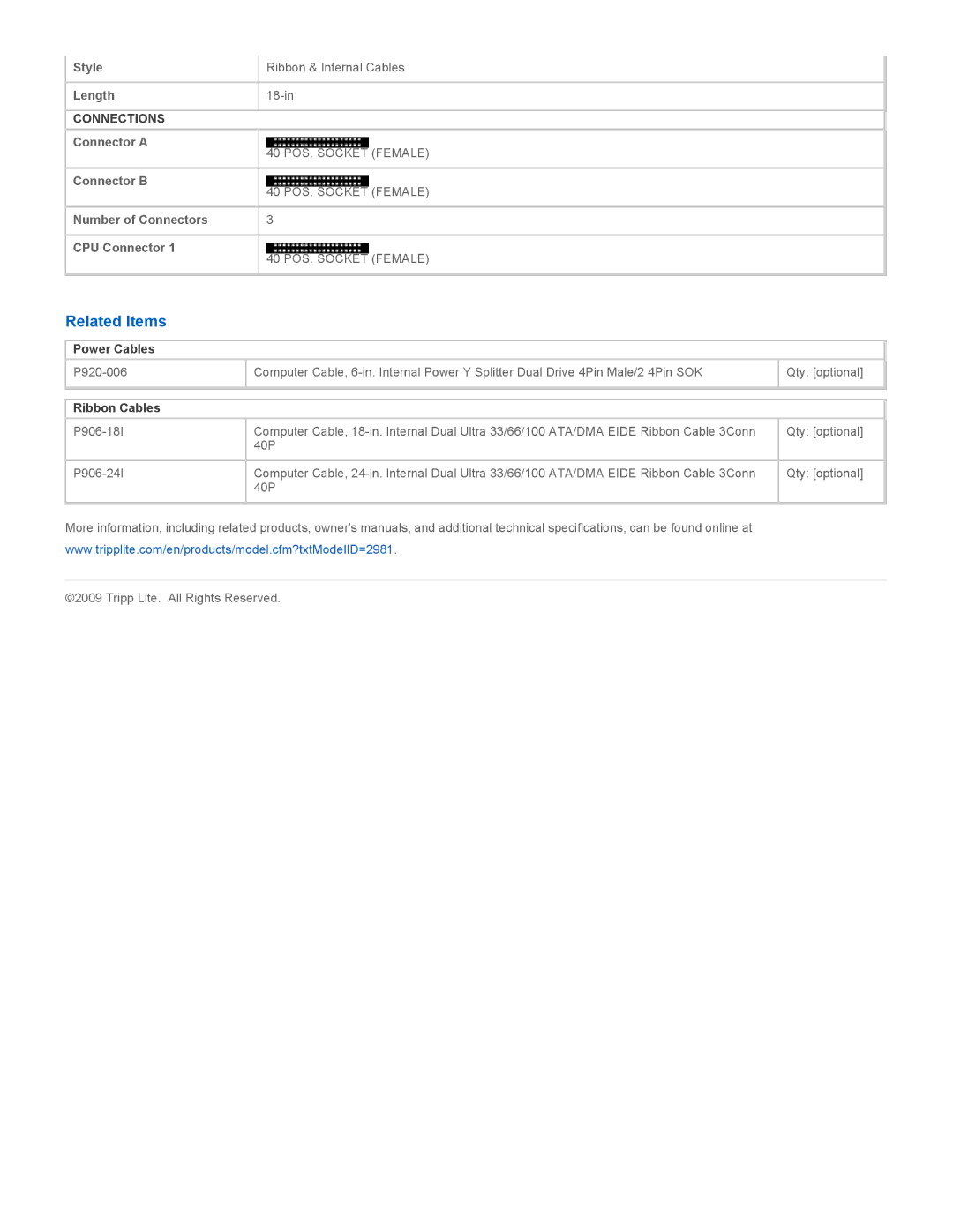 Tripp Lite P909-18I-BL specifications Related Items, Power Cables, Ribbon Cables 