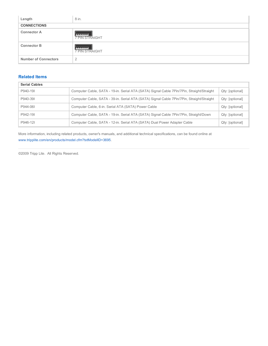 Tripp Lite P940-08I specifications Related Items, Serial Cables 