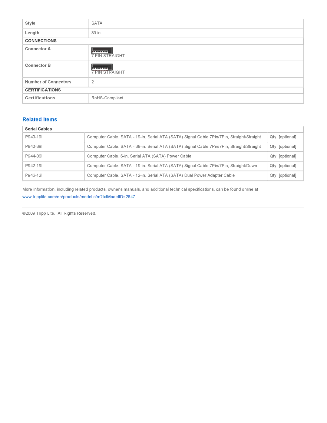 Tripp Lite p942-19i, P940-19I, p946-12i specifications Related Items, Serial Cables 