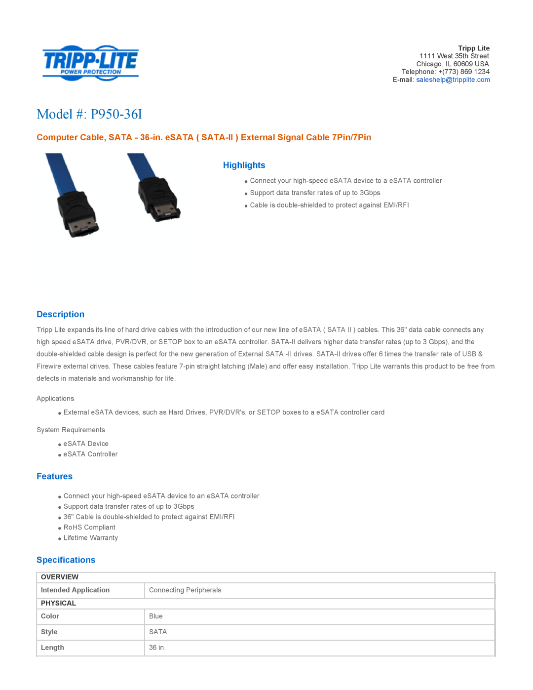Tripp Lite P950-18I specifications Highlights, Description, Features, Specifications, Overview, Intended Application, Blue 