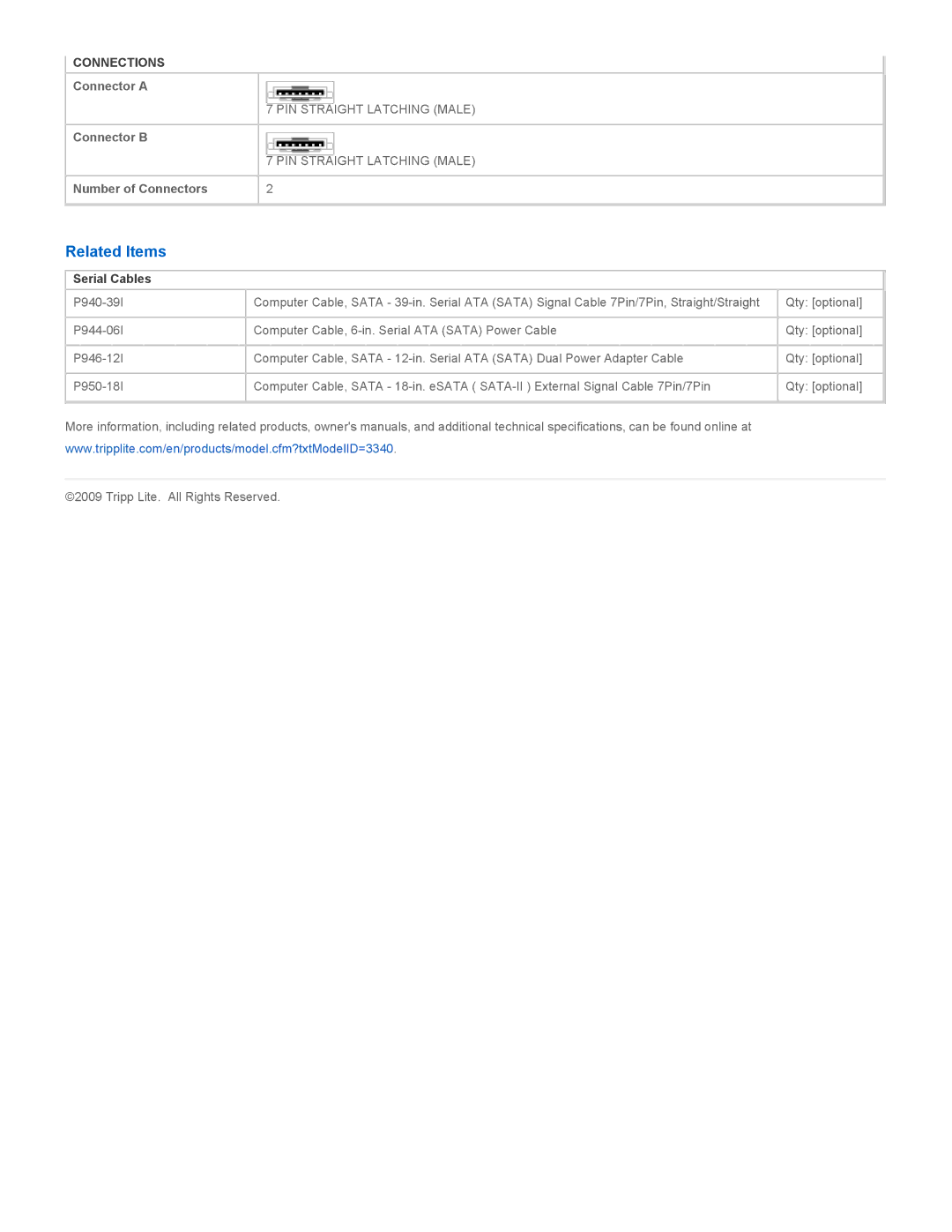 Tripp Lite P950-18I specifications Related Items, Serial Cables 