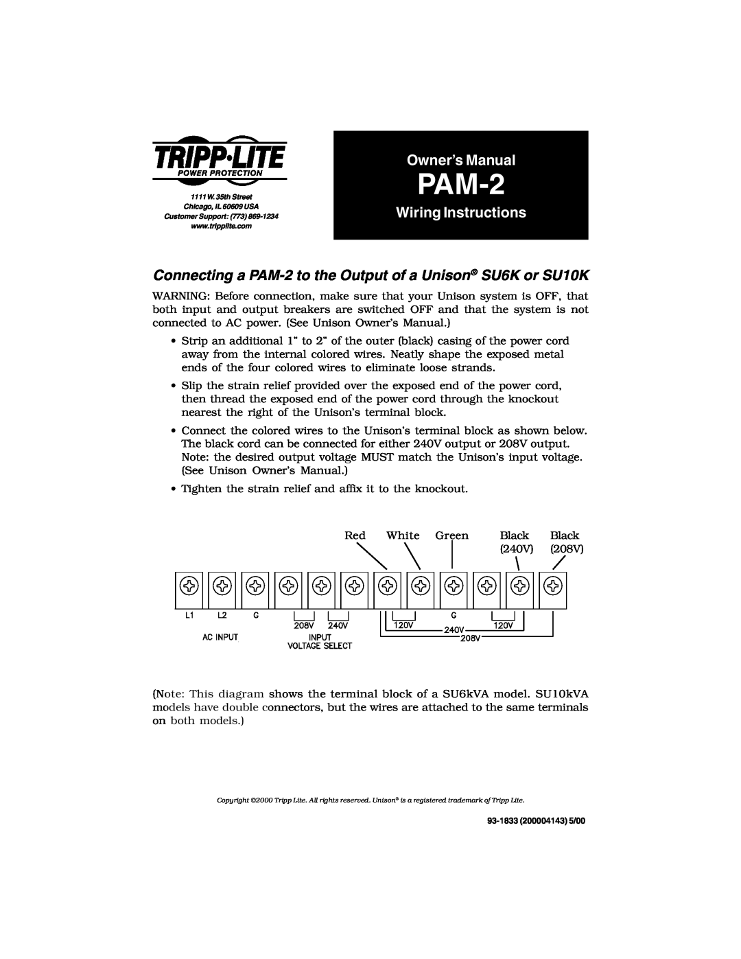 Tripp Lite PAM-2 owner manual Owner’s Manual, Wiring Instructions 
