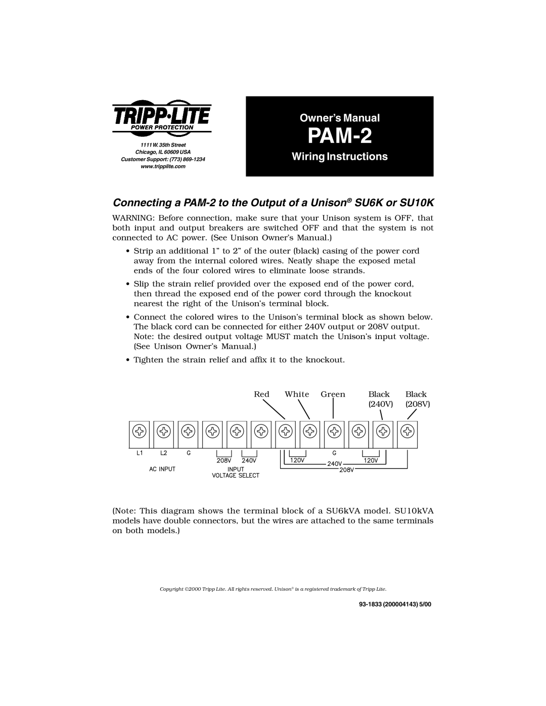 Tripp Lite owner manual Connecting a PAM-2 to the Output of a Unison SU6K or SU10K 