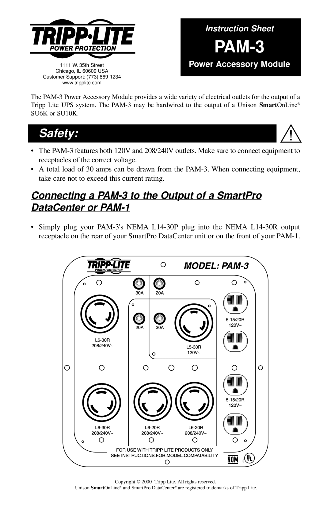 Tripp Lite instruction sheet Connecting a PAM-3 to the Output of a SmartPro DataCenter or PAM-1, Safety 