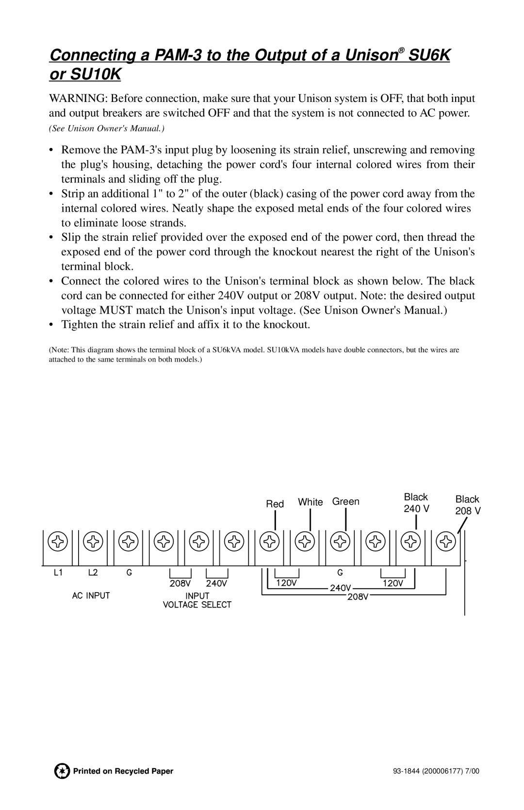 Tripp Lite instruction sheet Connecting a PAM-3 to the Output of a Unison SU6K or SU10K 