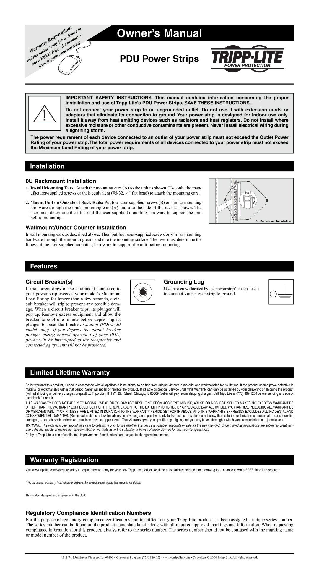 Tripp Lite PDU Power Strips owner manual Installation, Features, Limited Lifetime Warranty, Warranty Registration 