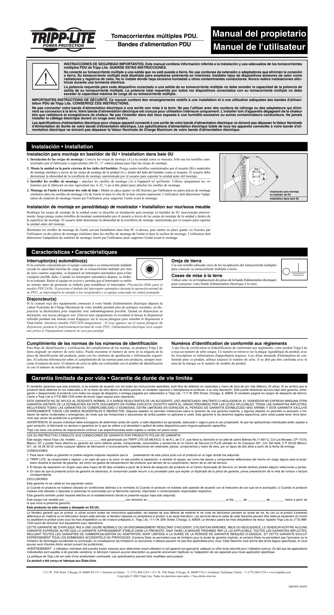 Tripp Lite PDU Power Strips owner manual Tomacorrientes múltiples PDU Bandes dalimentation PDU 