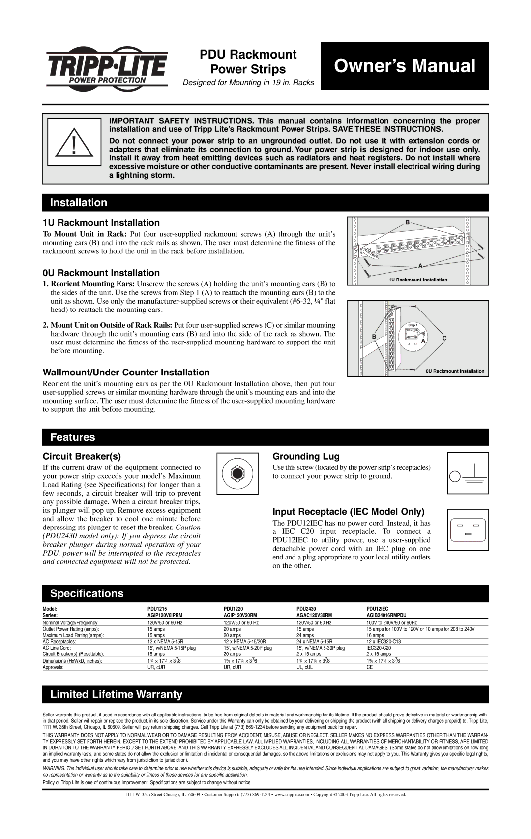 Tripp Lite PDU Rackmount Power Strips owner manual Installation, Features, Specifications, Limited Lifetime Warranty 