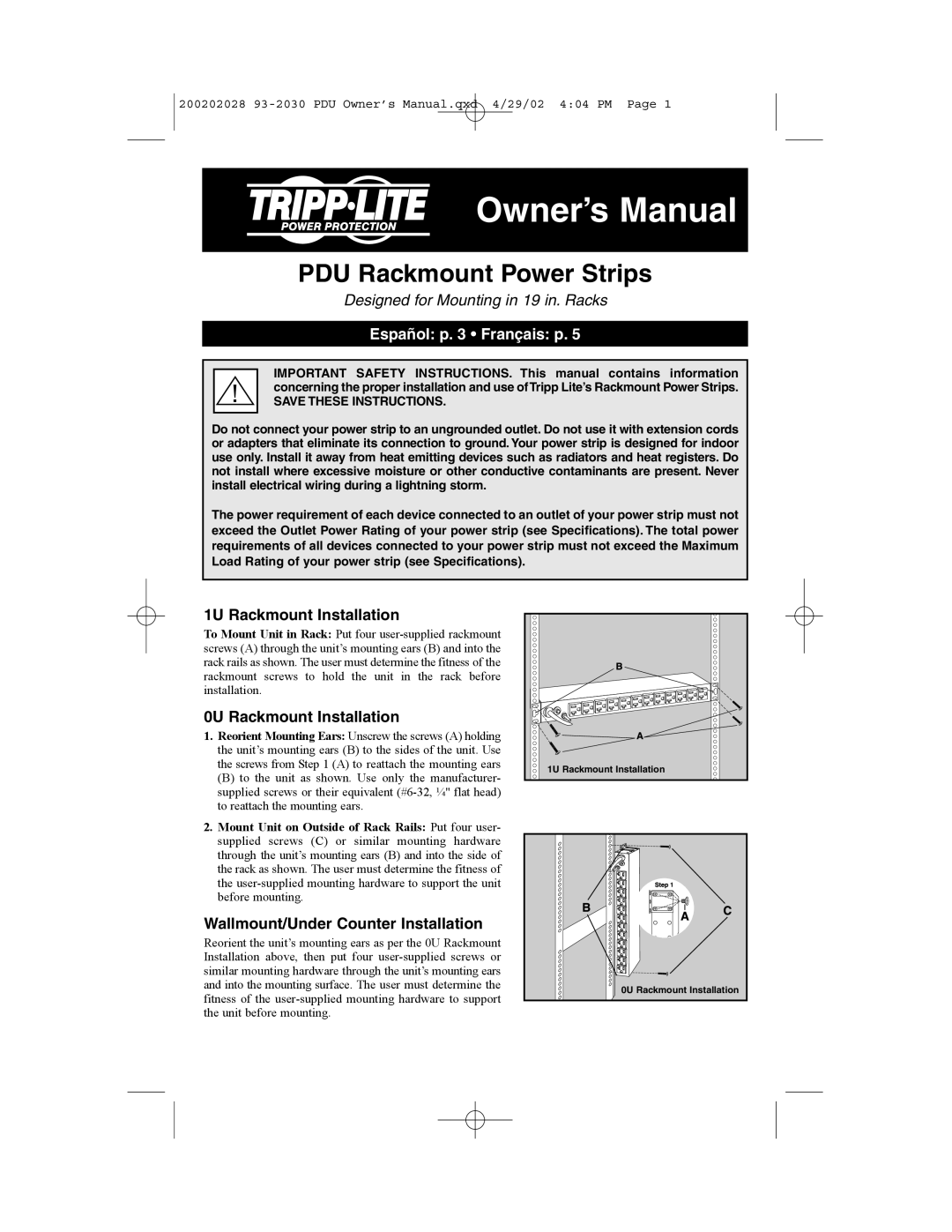 Tripp Lite PDU Rackmount Power Strips owner manual Español p Français p, 1U Rackmount Installation 