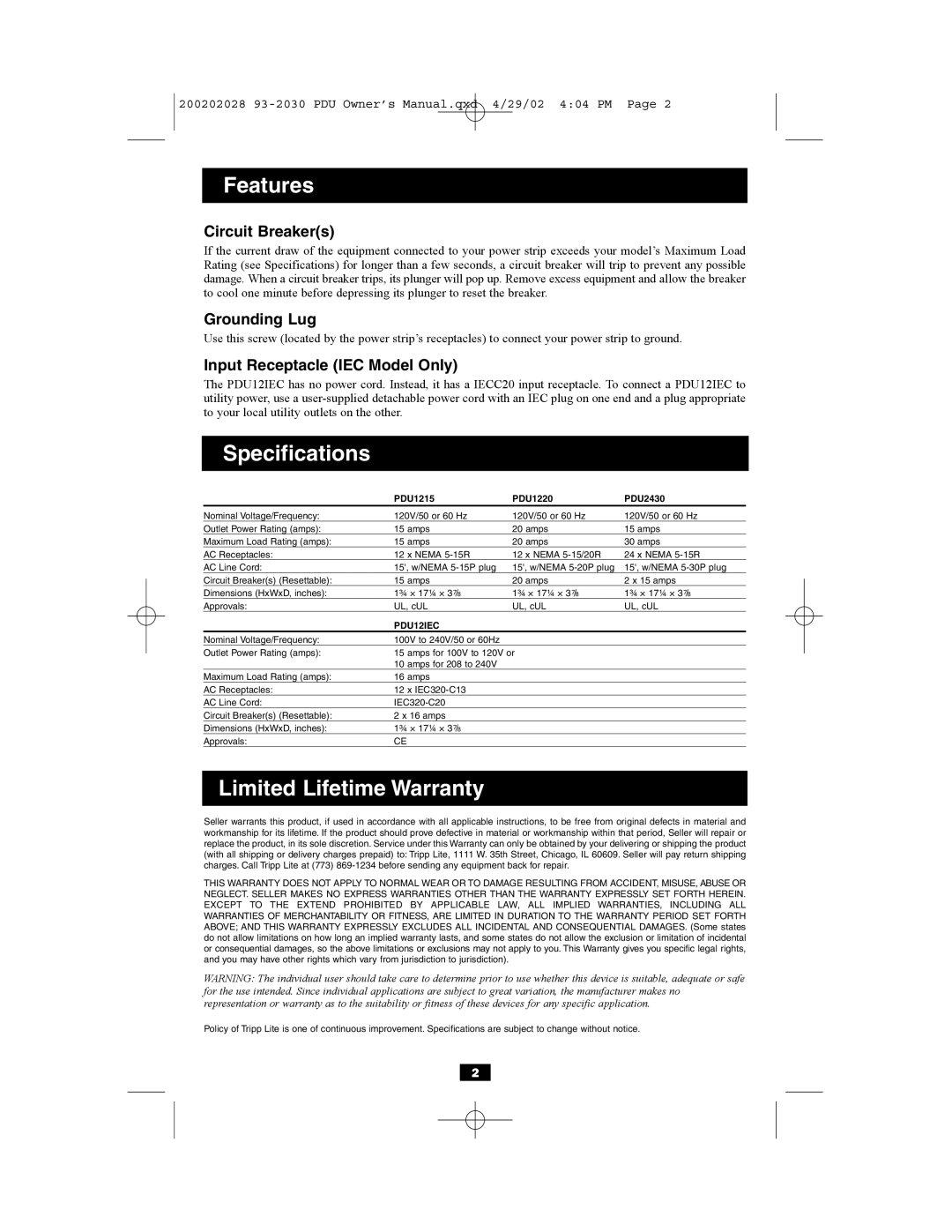 Tripp Lite PDU Rackmount Power Strips owner manual Features, Specifications, Limited Lifetime Warranty 