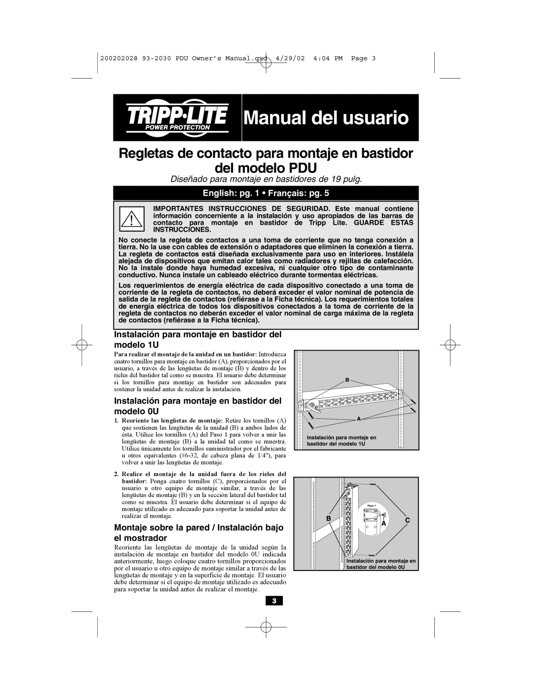 Tripp Lite PDU Rackmount Power Strips owner manual Manual del usuario, English pg Français pg 