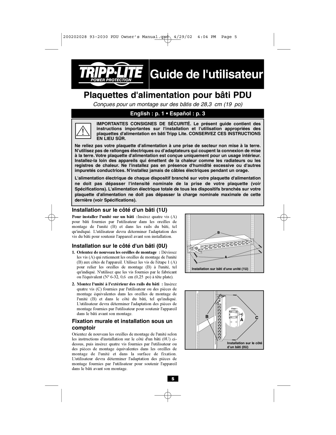 Tripp Lite PDU Rackmount Power Strips Guide de lutilisateur, Plaquettes dalimentation pour bâti PDU, English p Español p 