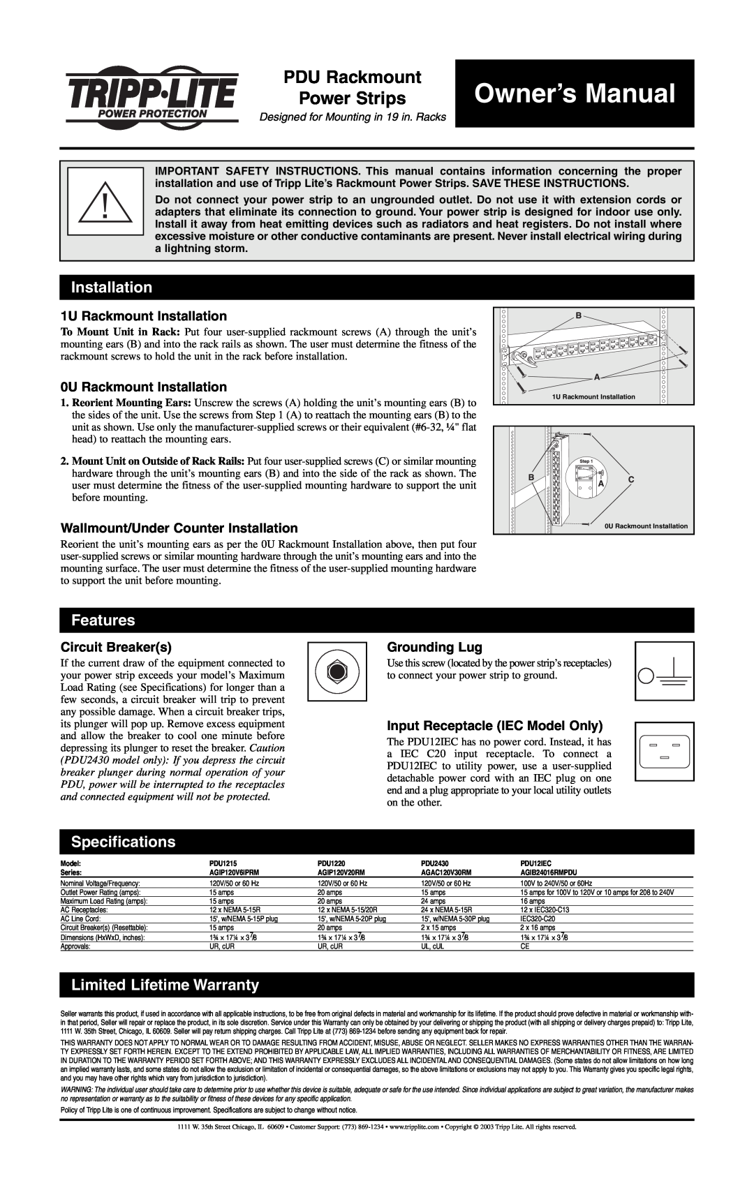 Tripp Lite PDU Rackmount Power Strips owner manual 1U Rackmount Installation, 0U Rackmount Installation, Circuit Breakers 