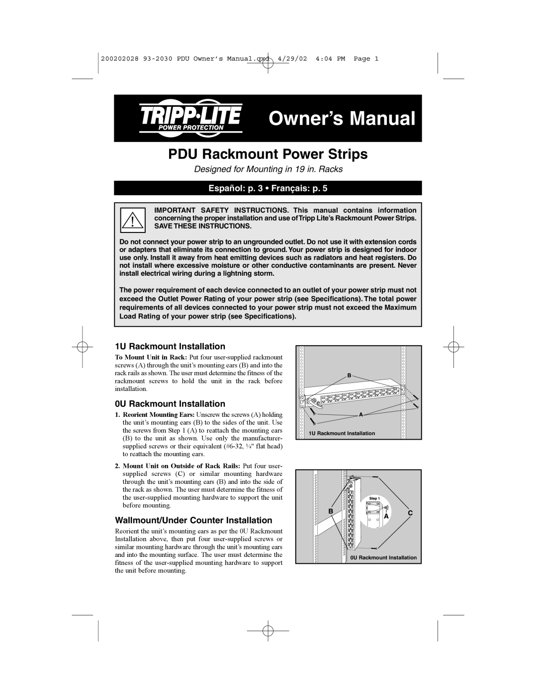 Tripp Lite PDU Rackmount Power Strips owner manual Owner’s Manual, Designed for Mounting in 19 in. Racks 