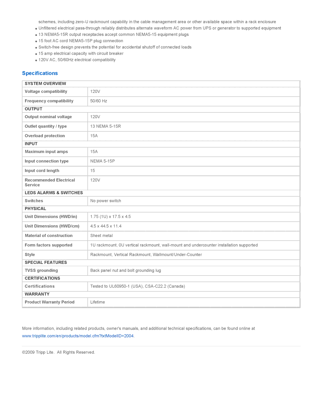 Tripp Lite PDU1215 warranty Specifications 