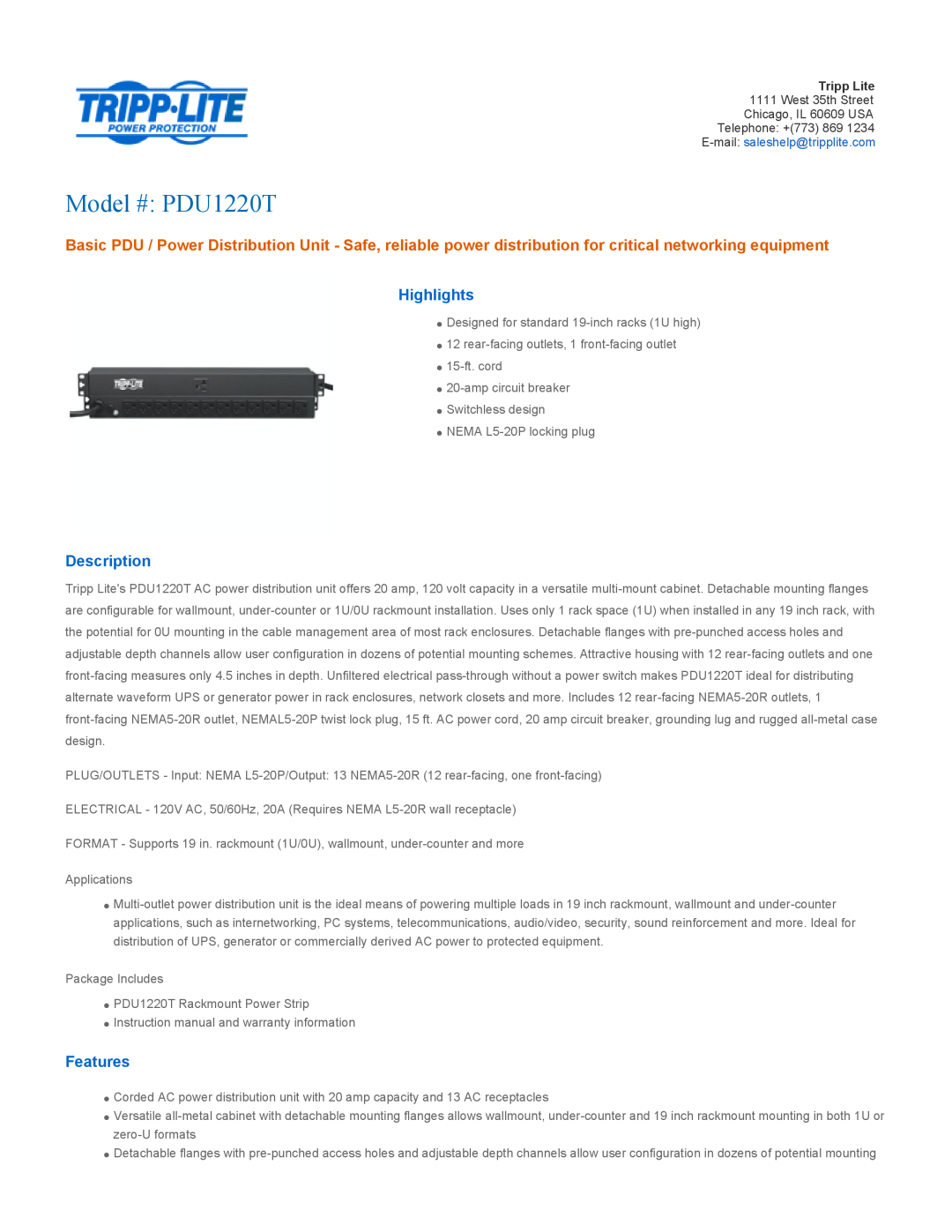Tripp Lite instruction manual Highlights, Description, Features, Model # PDU1220T 
