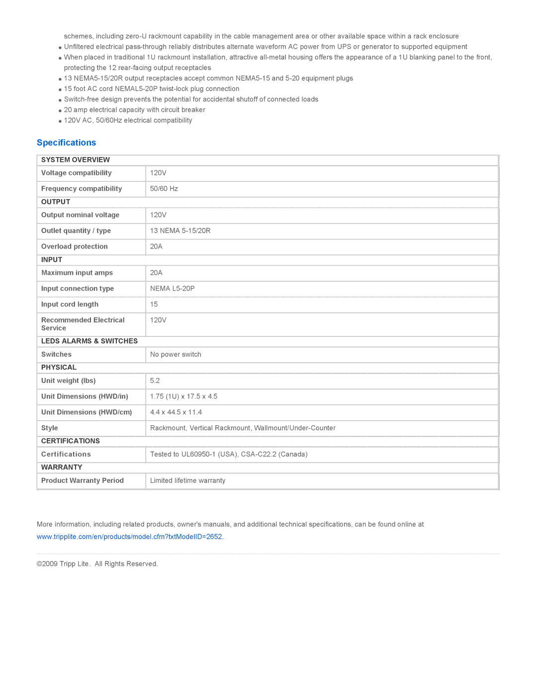 Tripp Lite PDU1220T instruction manual Specifications 