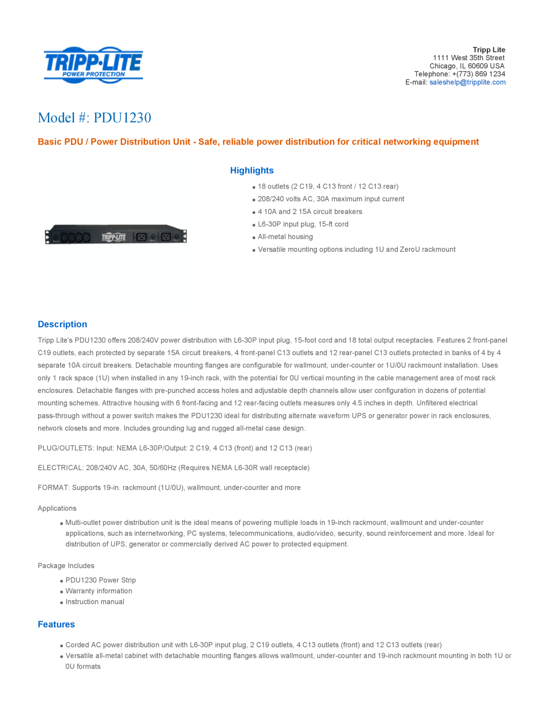 Tripp Lite warranty Highlights, Description, Features, Model # PDU1230 