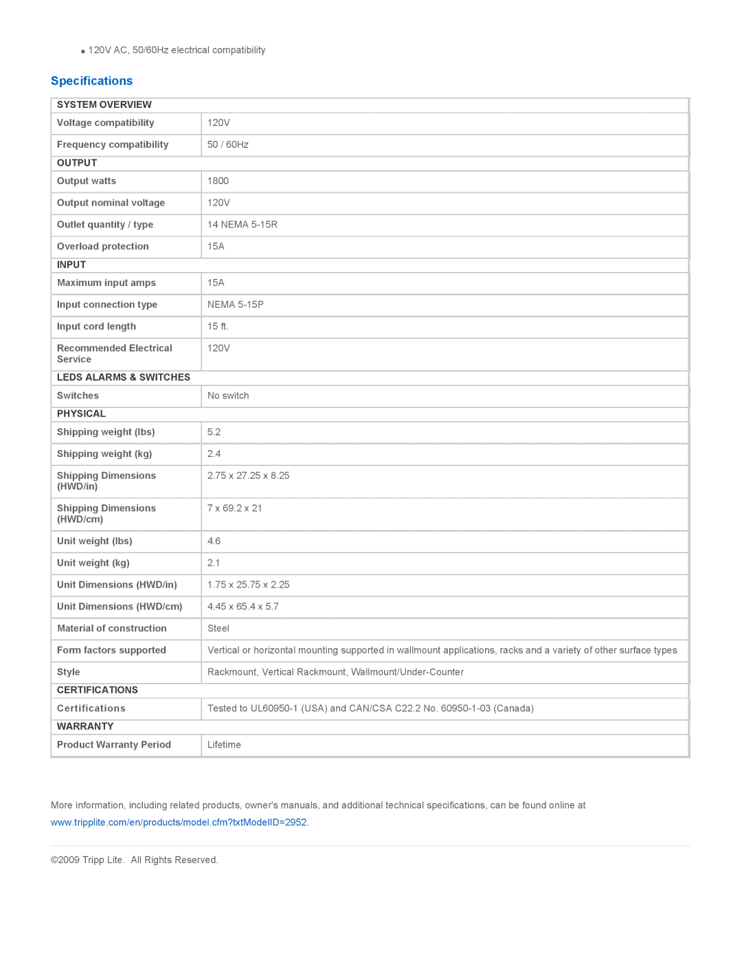 Tripp Lite PDU1415 instruction manual Specifications 