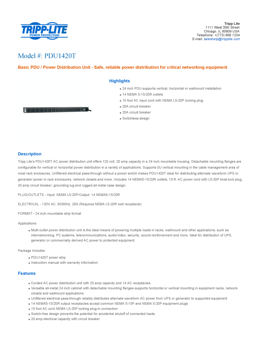 Tripp Lite instruction manual Highlights, Description, Features, Model # PDU1420T 