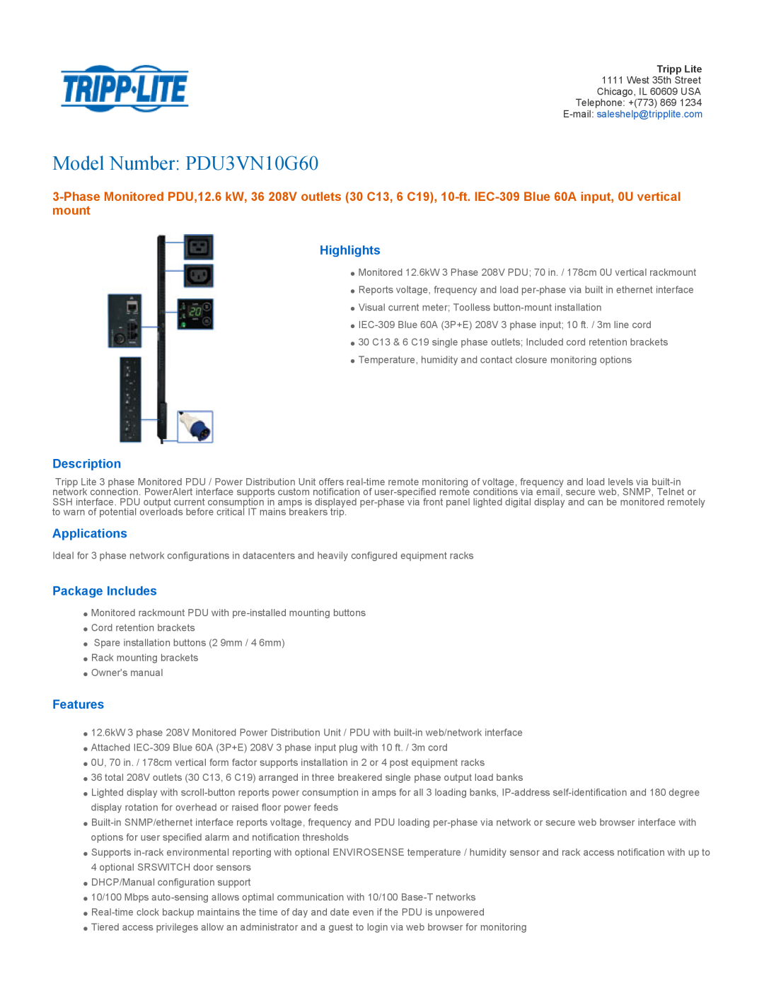 Tripp Lite PDU3VN10G60 owner manual Highlights, Description, Applications, Package Includes, Features 