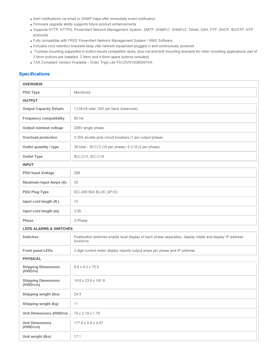 Tripp Lite PDU3VN10G60 owner manual Specifications 