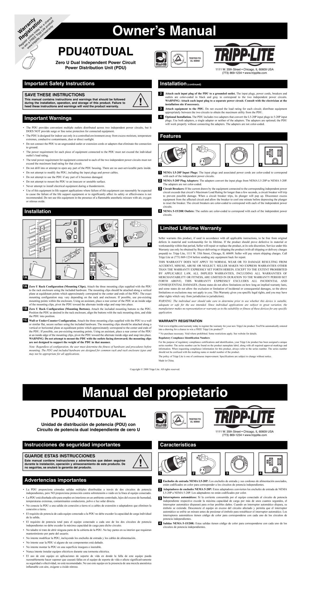 Tripp Lite PDU40TDUAL owner manual Owner’s Manual, Manual del propietario, Important Safety Instructions, Installation 